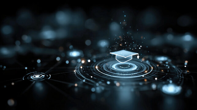 Graduation cap on digital network with glowing blue circuits and futuristic learning icons