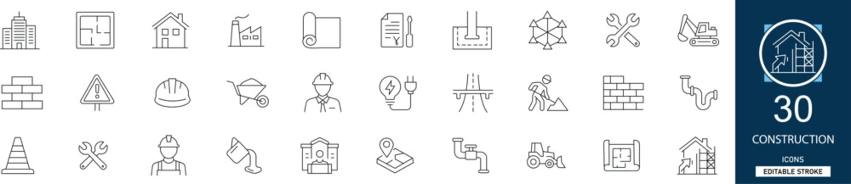 Construction and building line icon set with 30 icons construction, tools, crane, helmet, architecture, engineering, industry, renovation. Clean linear vector, editable stroke for web