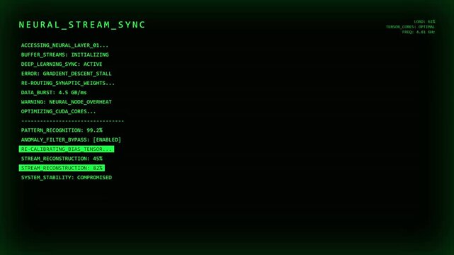 Futuristic Neural Stream Sync HUD with Green Digital AI Deep Learning Interface and Machine Learning Synaptic Data Flow Processing Monitoring Screen.