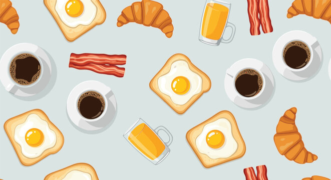 Delicious seamless pattern of common breakfast items including fried eggs on toast, coffee cups, croissants, and bacon strips.