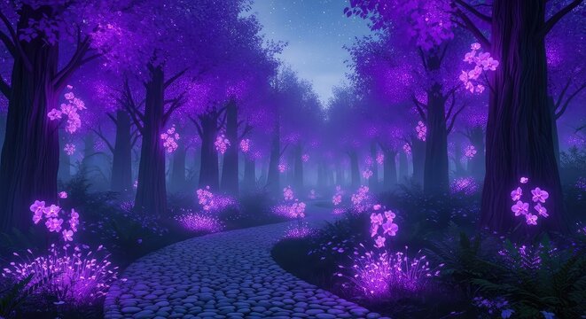 A winding trail leads through an enchanted woodland filled with glowing violet flora, misty shadows, and ethereal starlight under a deep sky, glowing, spiritual, lavender
