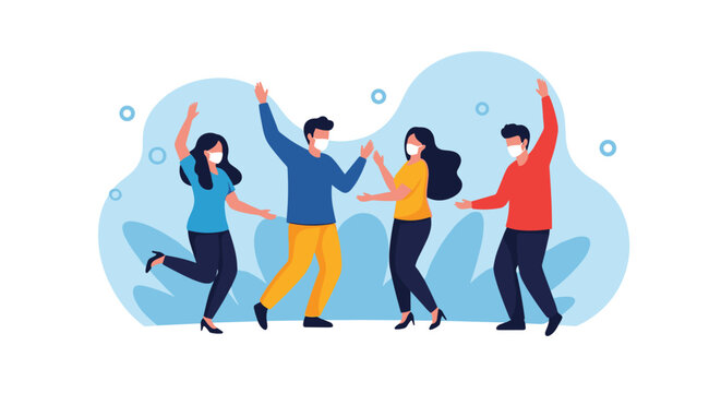 Joyful group of diverse young people dancing and celebrating together while wearing protective face masks for health safety.