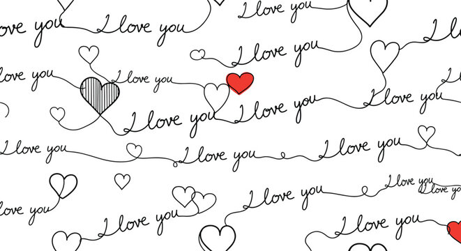 Handwritten script of I love you phrase intertwined with various heart shapes in a romantic and artistic seamless pattern design.
