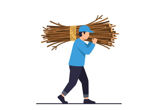 Man Carrying Large Bundle of Sticks on Shoulder in Rural Setting