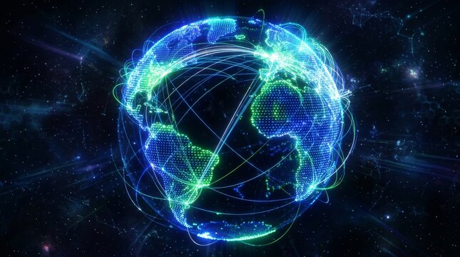 Globe with neon network connections on dark space background