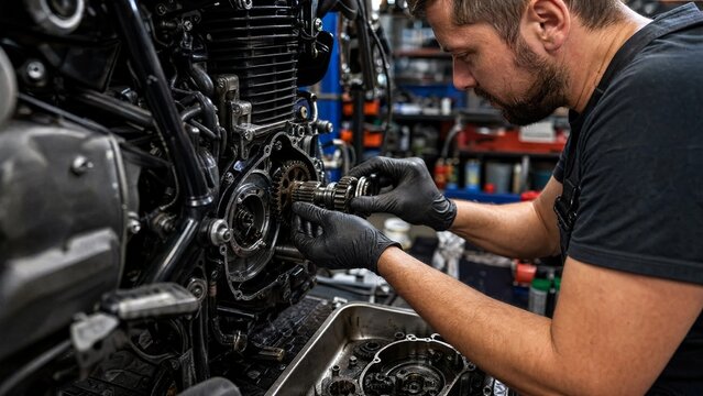 Mechanic works on motorcycle engine in workshop during afternoon hours
