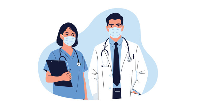 Male doctor and female nurse wearing surgical masks and professional attire standing together as medical frontline workers.