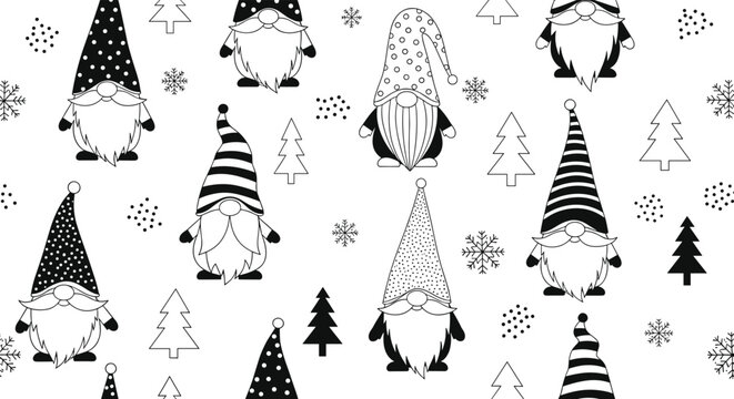 Festive black and white seamless pattern featuring cute christmas gnomes, snowflakes, and pine trees for holiday decoration.