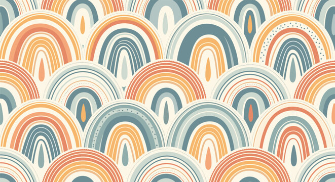 Vibrant seamless pattern of overlapping bohemian rainbows in warm tones creating a decorative scalloped texture for background.