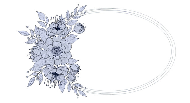 Elegant oval frame design features a large bouquet of hand drawn flowers and foliage on one side in a soft blue monochromatic style.