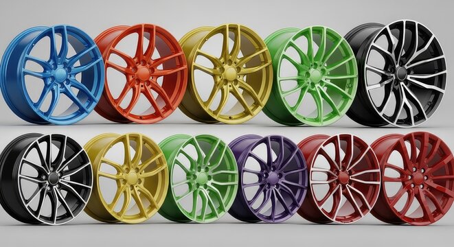 Vibrant assortment of colorful alloy wheels arranged neatly in two parallel rows. A bright display of modern automotive rim designs, rims, glossy, rows