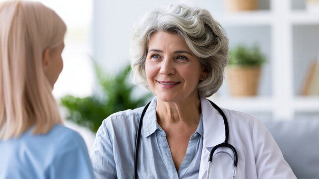 A mature doctor having an open conversation with her female colleague, warm clinic environment, trust and healthcare concept