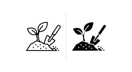 Plant seedling with shovel in soil vector icon set showing gardening and cultivation concept in outline and solid black styles © Magic