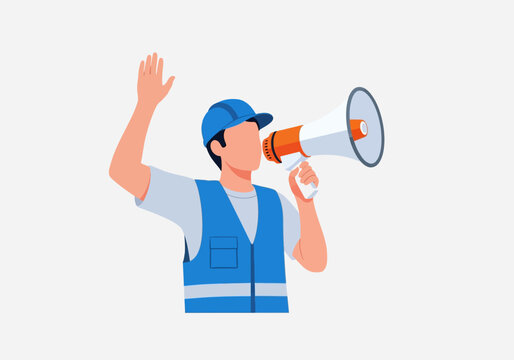 Environmental protester with megaphone wearing safety vest and cap