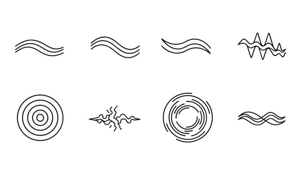 Collection of black and white line wave patterns and circular swirls waves lines