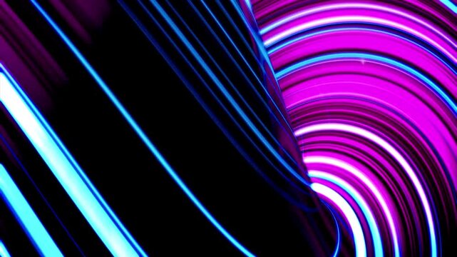 Purple blue curved neon lines rotate in a tight spiral creating a vibrant abstract motion background.