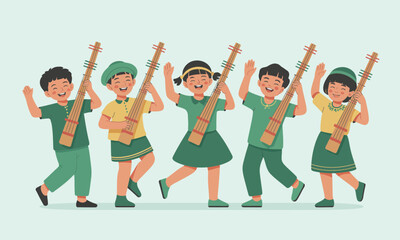 Obraz premium Asian Children in Traditional Dress Playing Music Illustration