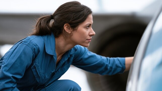 Female Mechanic at Work: A skilled female mechanic, dressed in a work suit, meticulously inspects the machinery, highlighting dedication and technical expertise.