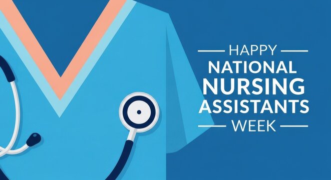 National Nursing Assistants Week greeting, blue medical scrubs and stethoscope illustration, healthcare appreciation banner for CNA professionals