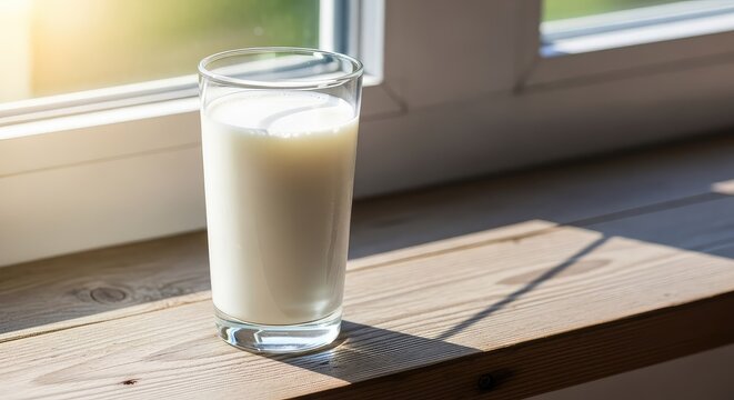 A tall glass of fresh white milk sits on a rustic wooden windowsill, bathed in soft morning sunlight streaming through a clean window, sunlight, diet, home