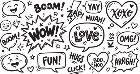 Cartoon speech bubbles with fun exclamations isolated on transparent background, Vector © Rana