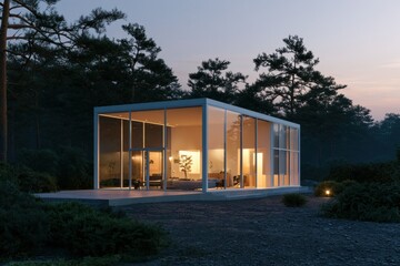 Obraz premium Modern House at Dusk: A sleek, modern house, encased in glass, is illuminated from within, creating a warm, inviting glow against the cool twilight sky. Nestled amidst a tranquil natural setting.