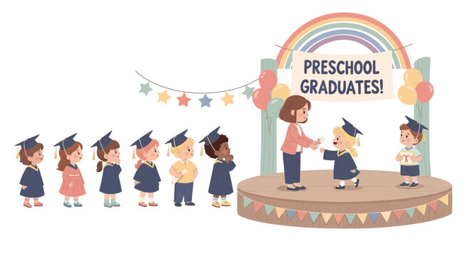 Preschool Graduation Ceremony: Diverse Kids Celebrate Achievement with Rainbow Arch and Balloons