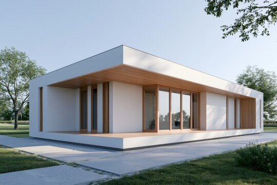 Modern Minimalist House: A contemporary house, defined by clean lines, geometric shapes, and a palette of neutral tones, epitomizes modern architectural design. A seamless fusion of simplicity.
