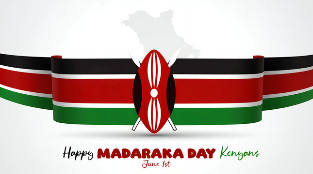 Festive Kenyan Flag Ribbon and Traditional Shield Emblem Celebrating Madaraka Day Holiday