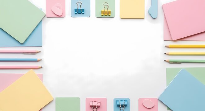 A collection of colorful papers and binder clips are arranged on a desk.