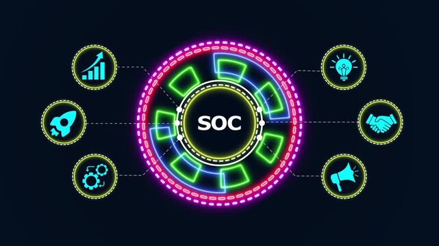 Dynamic circular infographic animation with icons representing business growth and strategy.