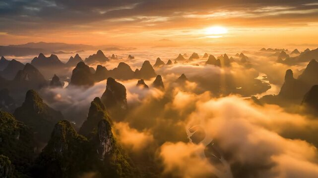 Aerial Sunset View of Karst Mountains and Li River in Guilin, China