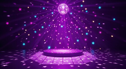 Vibrant purple stage features retro disco flashes and a rotating disco ball amidst glowing stars on a shimmering animated dance floor, neon, stage, music