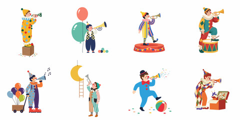 Fototapeta premium Collection of diverse clown characters playing musical instruments and performing circus acts, featuring balloons, drums, and colorful costumes in a whimsical hand-drawn style.