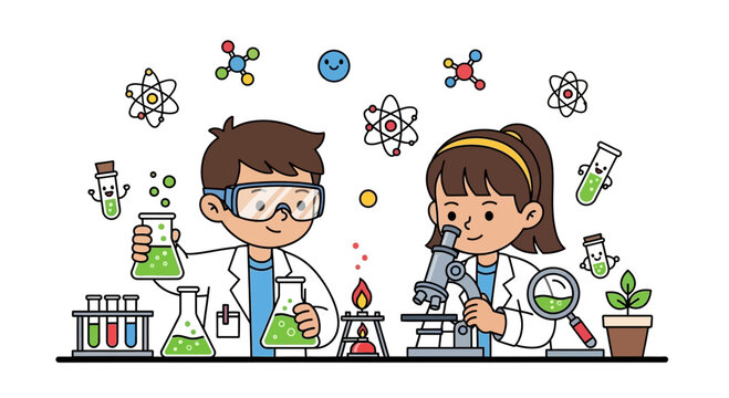 Children in lab coats conducting science experiments with colorful molecules and lab equipment.