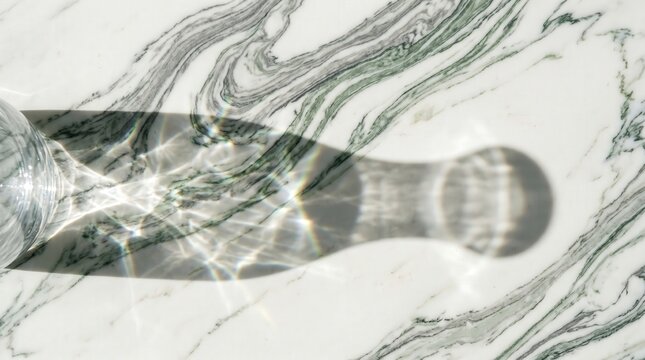 Glass of water casting a sharp shadow on a white marble surface with green veins, clean refracted light patterns