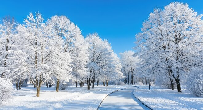 A serene winter scene in a city park featuring trees heavily laden with white snow alongside a winding frozen walkway during a cold day, atmosphere, wintry, woodland