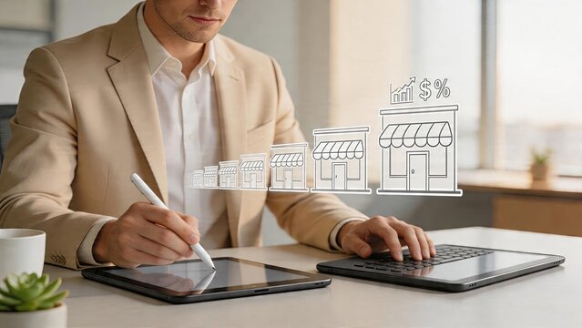 Businessman using digital tablet and drawing pen working in office with holographic projection of growing shop chain concept illustrating franchise expansion strategy retail