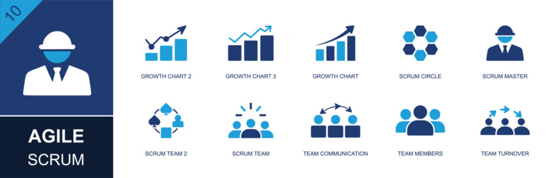 Agile scrum icon set. Containing growth chart, scrum circle, scrum master, scrum team, team communication, members, turnover, project workflow, graph and more. Solid fill vector icons.