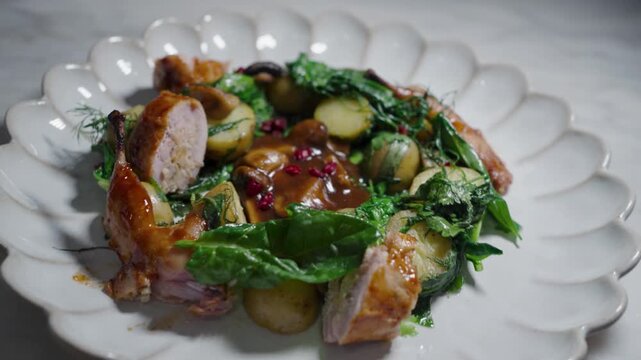 Gourmet Roasted Quail with Potatoes and Sauteed Greens. Perfect for fine dining and culinary marketing