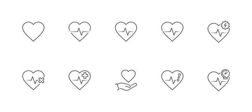 Heart Icon Set Related to Heart Rate, Heart Attack, Heart Disease, Health, Healthcare, Health Risk and High Blood Pressure vector icons