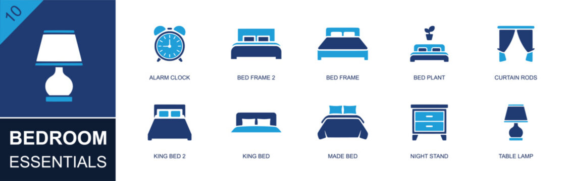 Bedroom essentials icon set. Containing alarm clock, bed frame, bed plant, curtain rods, king bed, made bed, night stand, table lamp, pillow, bedding and more. Solid fill vector icons.