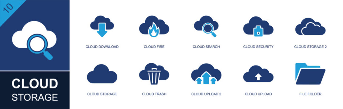 Cloud storage icon set. Containing cloud download, cloud fire, cloud search, cloud security, cloud storage, cloud trash, cloud upload, file folder, backup and more. Solid fill vector icons.