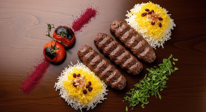 A top view of traditional grilled minced meat skewers served with saffron rice, roasted tomato, and sumac on a dark brown wooden table, savory, onion, long-grain