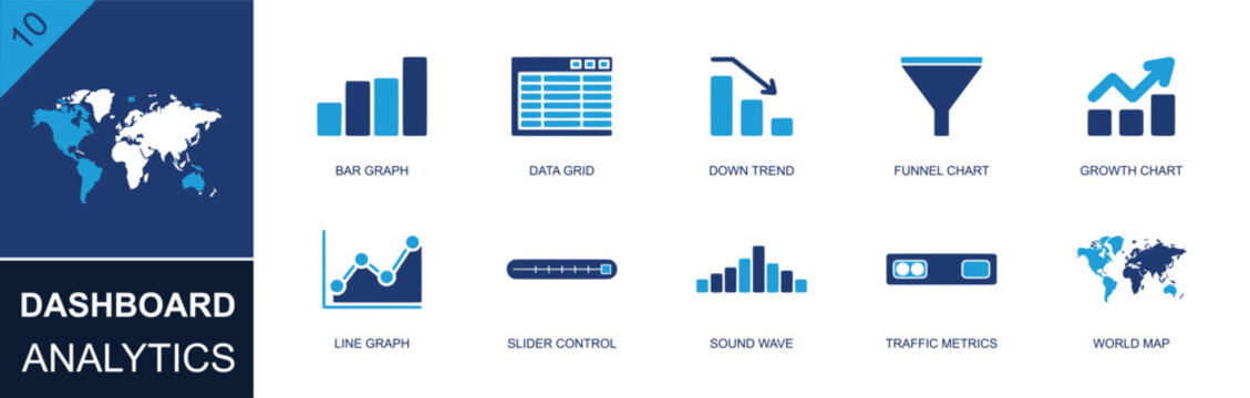 Dashboard analytics icon set. Containing bar graph, data grid, down trend, funnel chart, growth chart, line graph, slider, traffic metrics, world map and more. Solid fill vector icons.