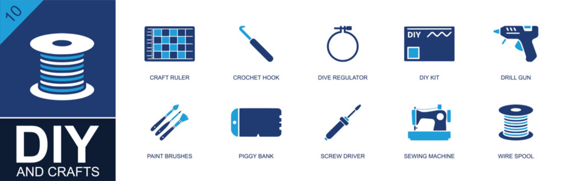 DIY and crafts icon set. Containing craft ruler, crochet hook, DIY kit, drill gun, paint brushes, screw driver, sewing machine, wire spool, piggy bank and more. Solid fill vector icons.