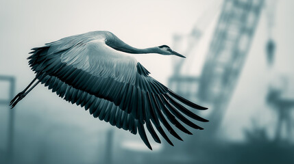 Fototapeta premium Artistic motion blur of a large crane bird flying through a misty, foggy industrial harbor with construction cranes in the background, contrasting nature and industry.