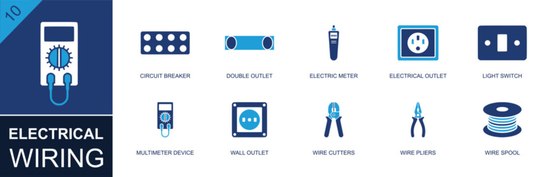 Electrical wiring icon set. Containing circuit breaker, outlet, electric meter, light switch, multimeter, wire cutters, pliers, wire spool, cable and more. Solid fill vector icons.