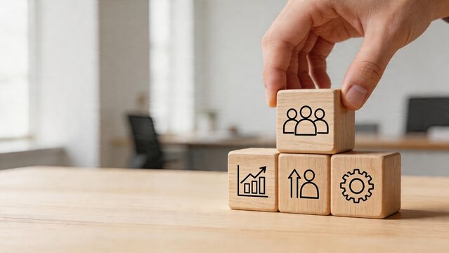 Business management strategy stacking wooden cubes with human team growth graph and gear icons on office desk surface