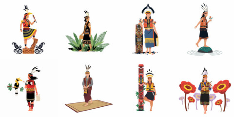 Collection of Flat Vector Illustrations Featuring Dayak People From Borneo in Traditional Costumes With Cultural Icons Like Hornbills, Shields, and Totem Poles © Nadya